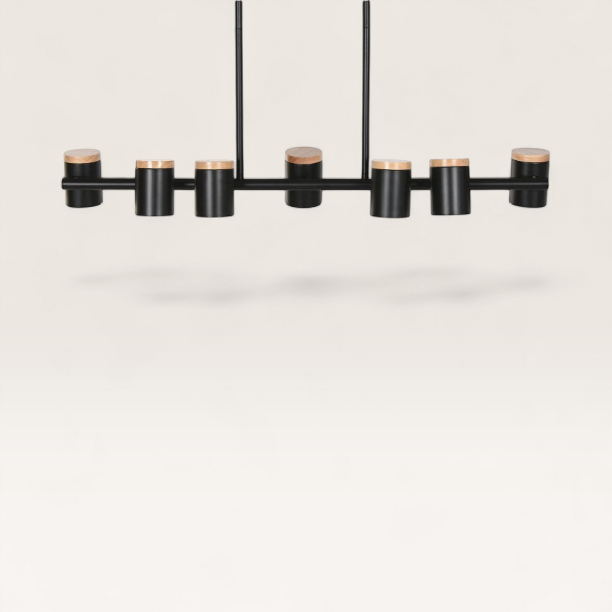 Vintage Industrial Bayan ceiling lamp in black metal with natural wood accents, featuring a linear architectural design.