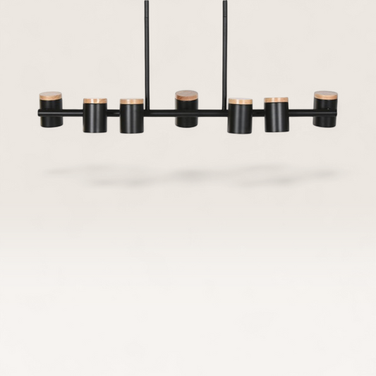 Vintage Industrial Bayan ceiling lamp in black metal with natural wood accents, featuring a linear architectural design.
