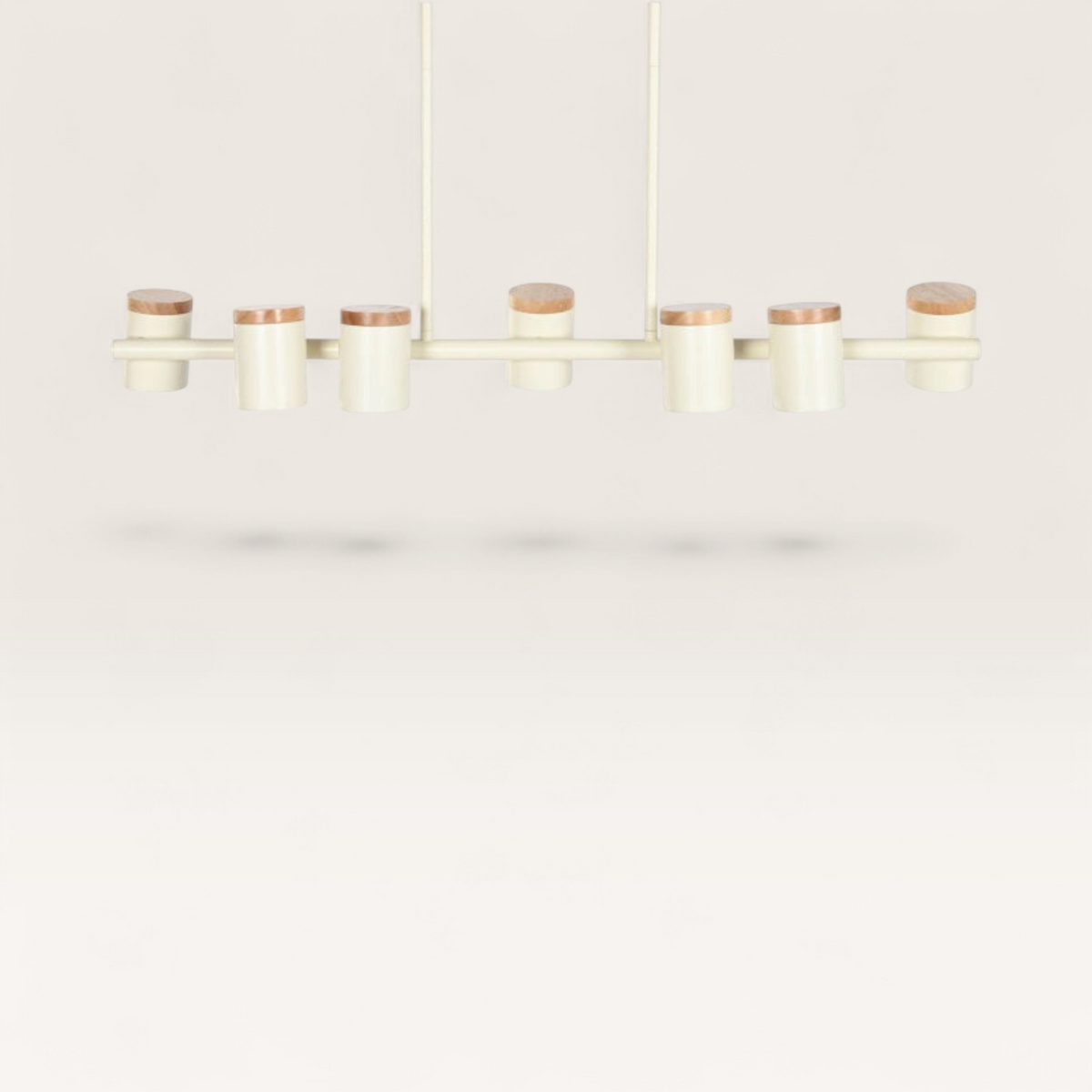 Vintage Industrial Bayan ceiling lamp in white metal with wooden accents, featuring a linear architectural design.