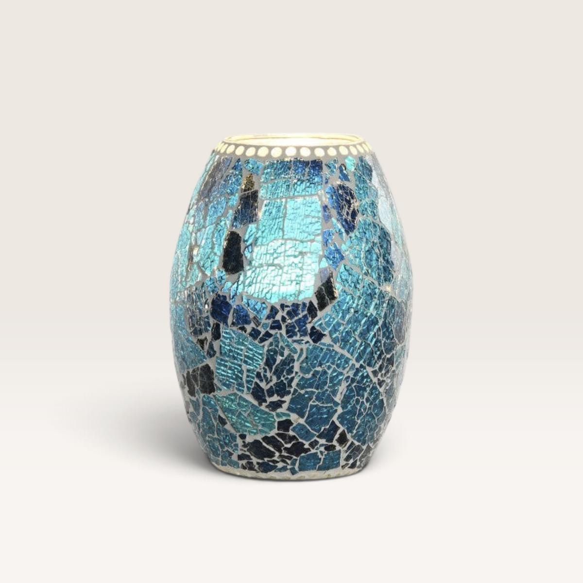 Vintage Industrial Utan table lamp featuring a blue mosaic glass shade with a cracked, reflective finish.