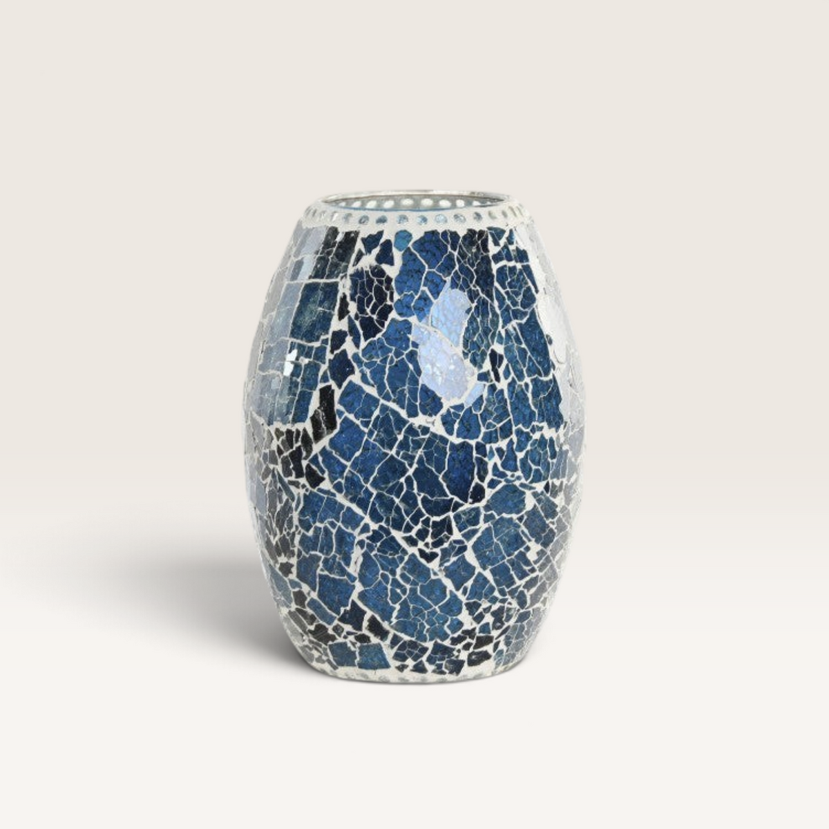 Vintage Industrial Utan table lamp featuring a blue and white mosaic glass shade with a crackled texture.