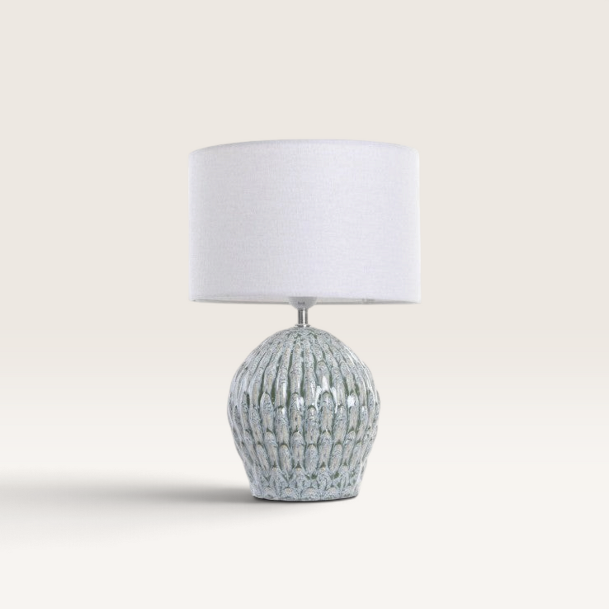 Vintage Industrial Musu table lamp with a turquoise dolomite base and a white linen drum shade.