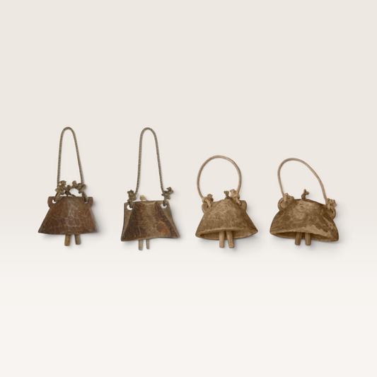 Vintage Industrial Dori antique wooden cow bells with rustic rope handles, handcrafted rustic farmhouse decor.