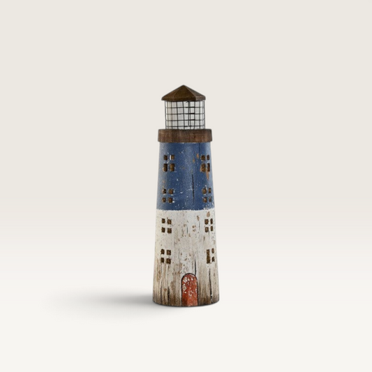Figura decorativa de faro Vintage Industrial en madera de paulownia y metal, con acabado azul y blanco envejecido.