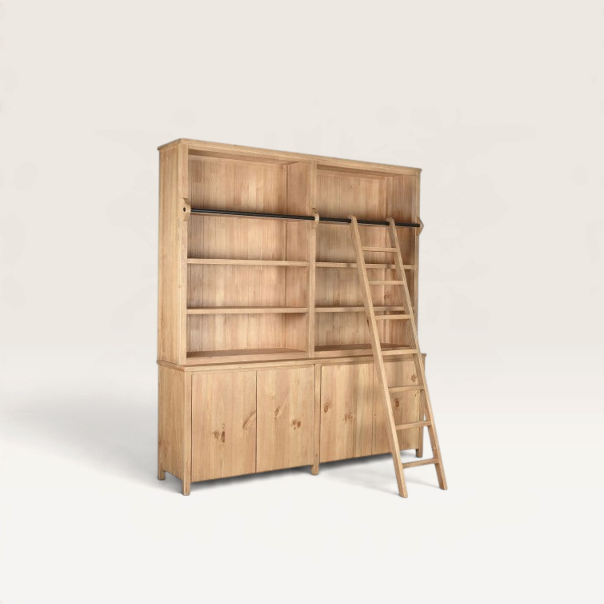 Vintage Industrial Praya bookcase in natural pine wood with open shelves, lower cabinets, and a sliding ladder.