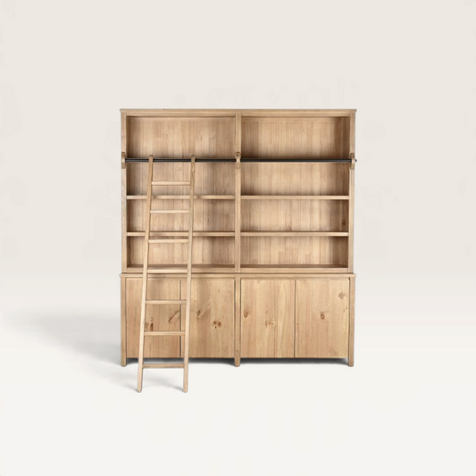 Vintage Industrial Praya bookcase in natural pine wood with open shelves, lower cabinets, and a sliding ladder.