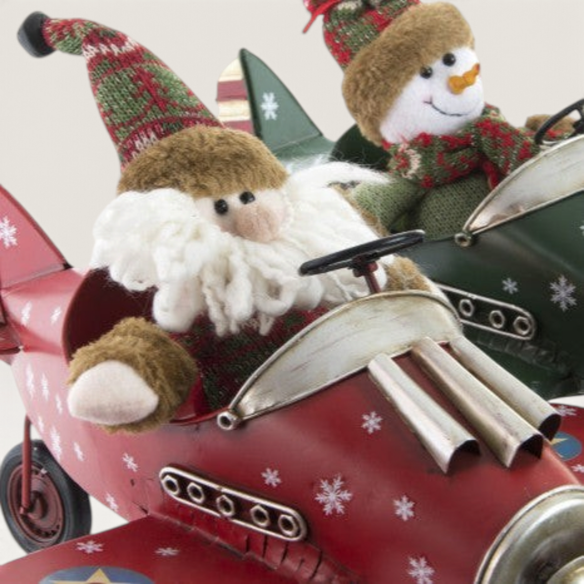 Figura decorativa Vintage Industrial de Papá Noel y muñeco de nieve en aviones de metal con detalles navideños