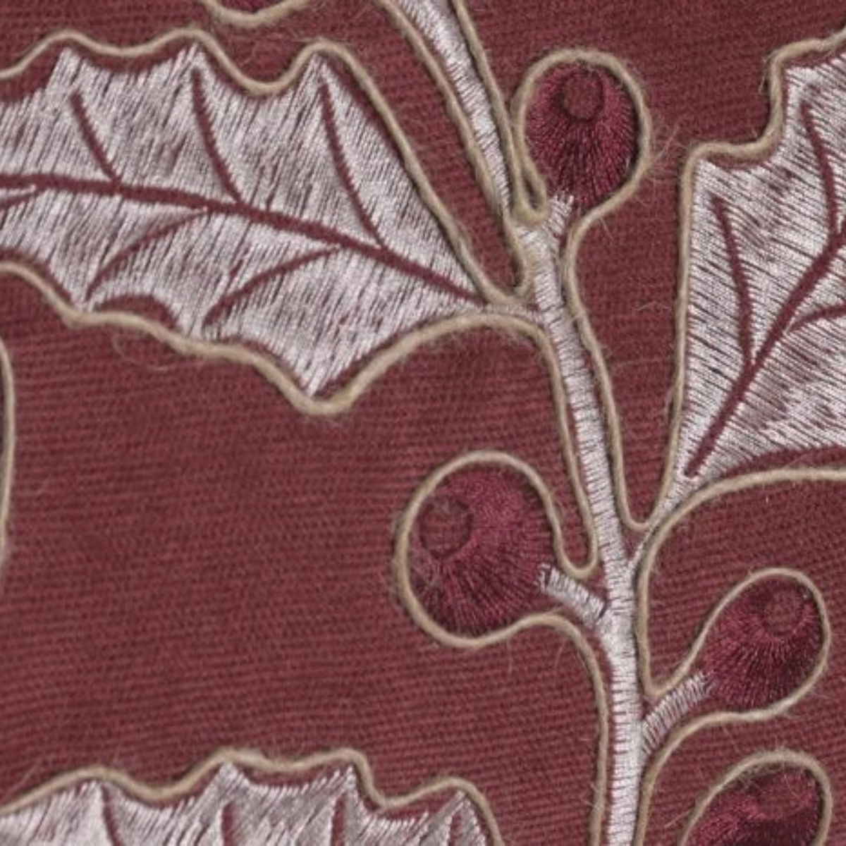 Vintage Industrial Ambon cushion cover in burgundy polyester with detailed silver leaf and berry embroidery