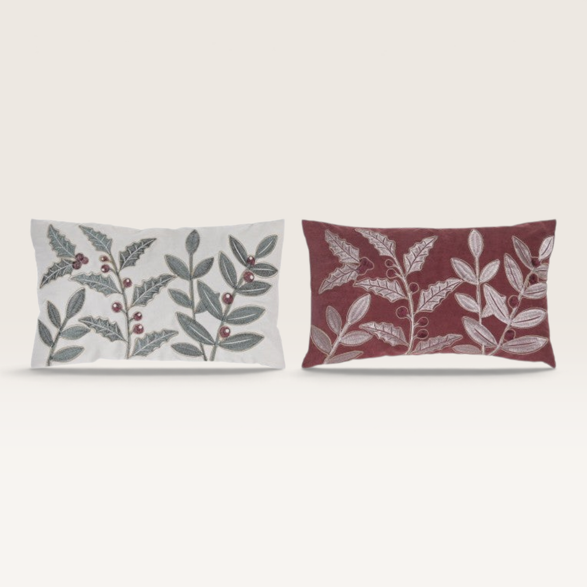 Vintage Industrial Ambon cushion covers in cream and burgundy with embroidered holly leaf and berry patterns