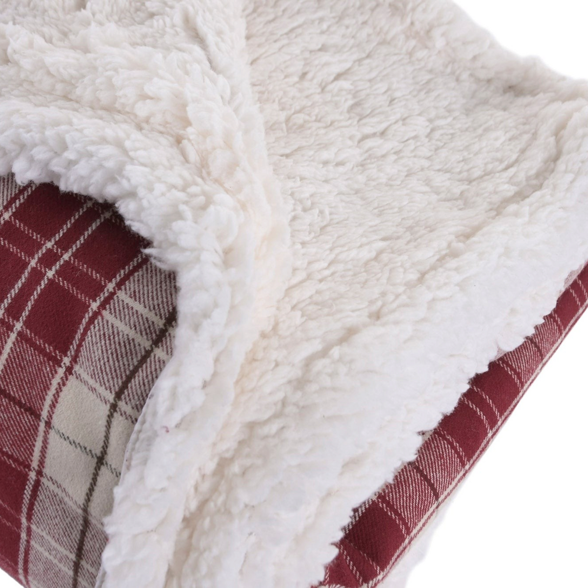 Vintage Industrial Manta Kupang red plaid cotton throw blanket with soft white sherpa fleece lining