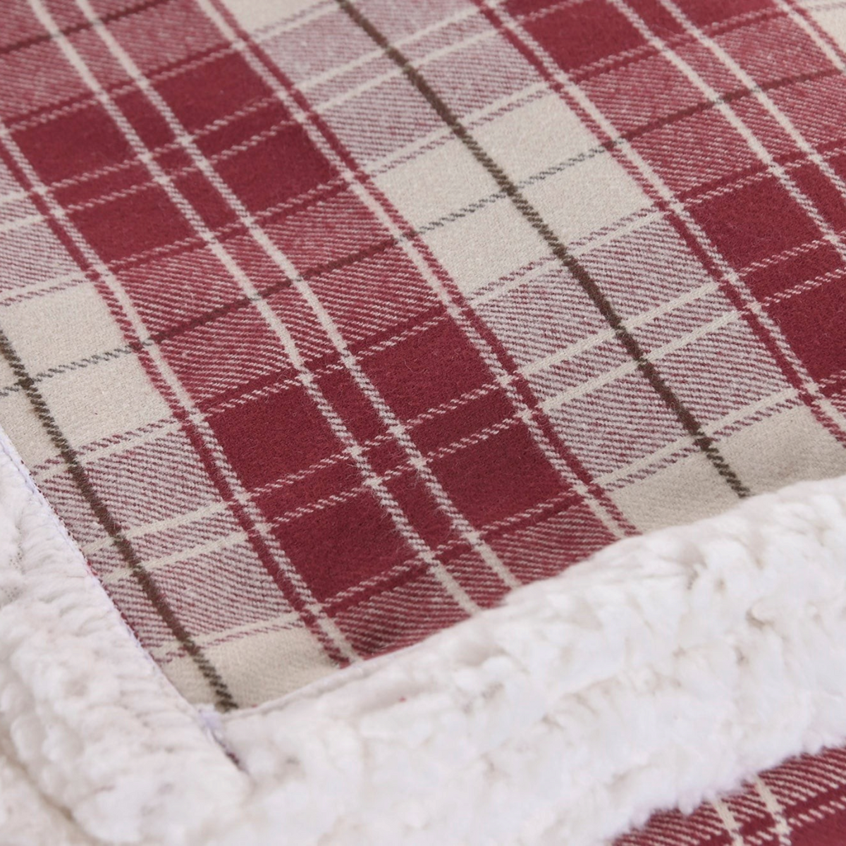 Vintage Industrial Manta Kupang red and cream plaid cotton throw blanket with a soft white sherpa fleece border