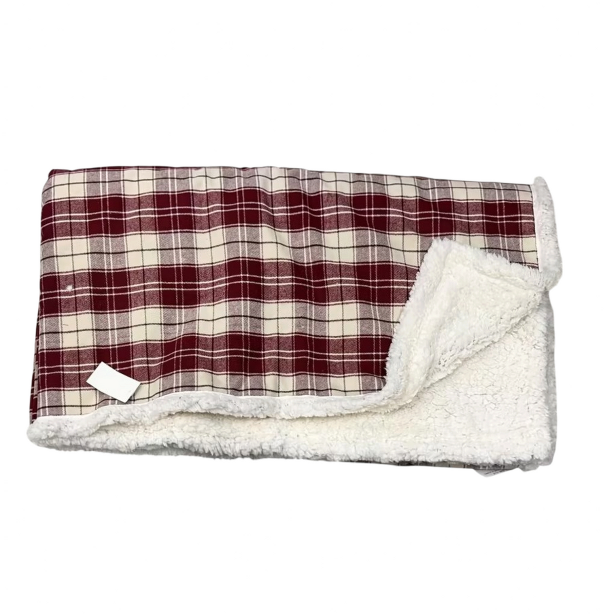 Vintage Industrial Manta Kupang red plaid cotton blanket with a soft white sherpa fleece lining.