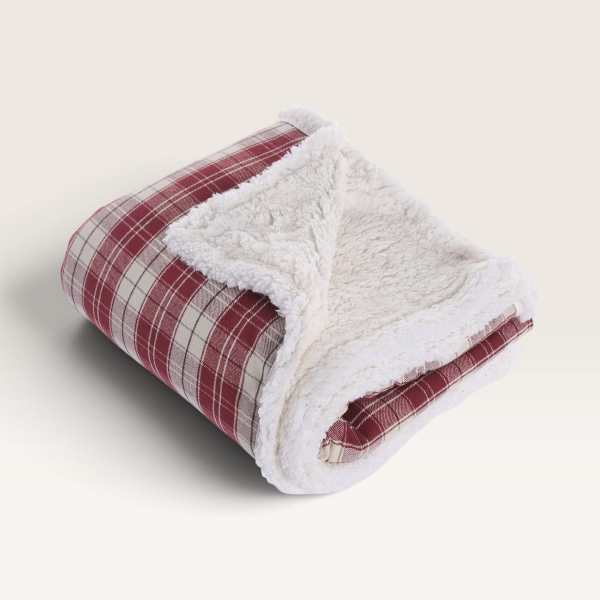 Vintage Industrial Manta Kupang red plaid cotton throw blanket with soft white sherpa lining for home decor