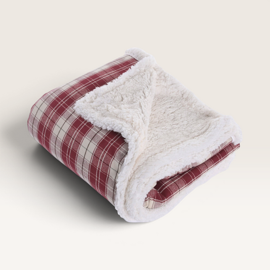 Vintage Industrial Manta Kupang red plaid cotton throw blanket with soft white sherpa lining for home decor