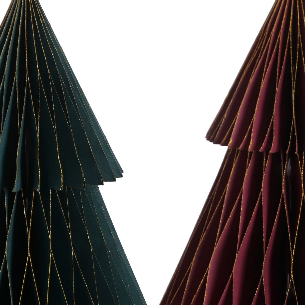 Vintage Industrial Bima paper Christmas trees in red and green with gold thread detailing and rustic festive design.