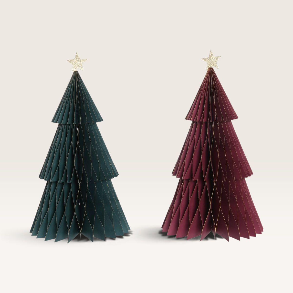 Vintage Industrial Bima decorative paper Christmas trees in dark green and red with gold star toppers