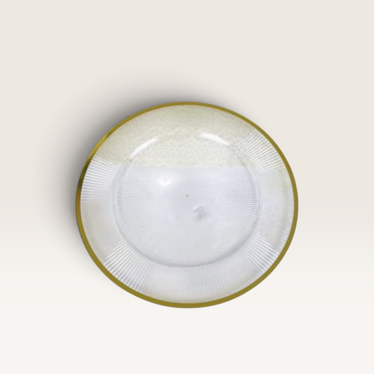 Vintage Industrial Ende transparent polypropylene charger plate with a sophisticated gold rim and ribbed texture.