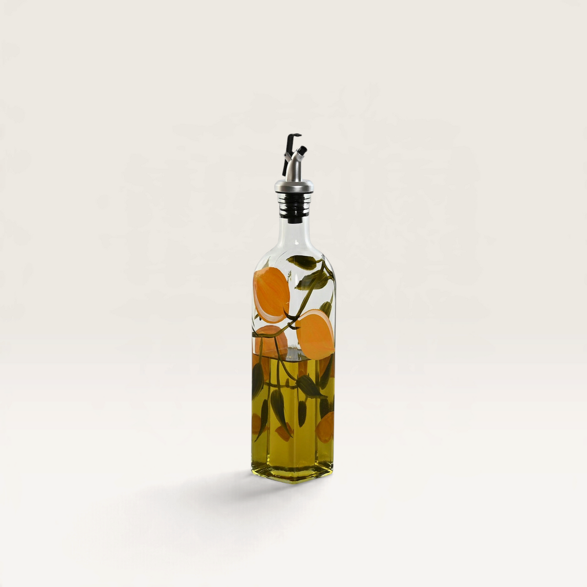 Vintage Industrial Palermo glass oil and vinegar dispenser with a lemon pattern and stainless steel pourer spout.
