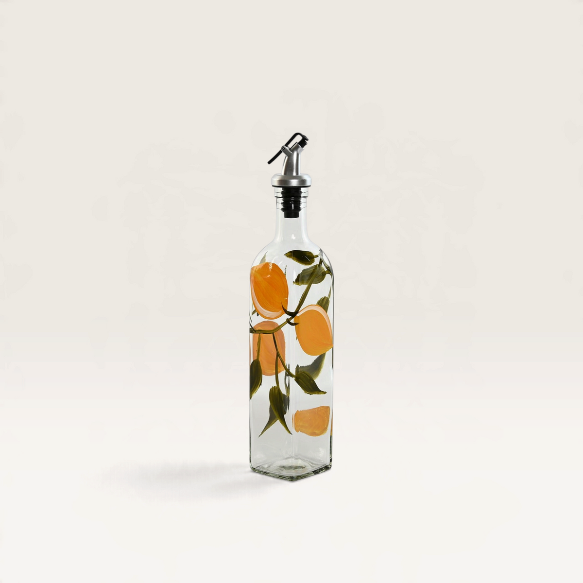 Vintage Industrial Palermo glass oil and vinegar dispenser with a hand-painted lemon design and stainless steel spout