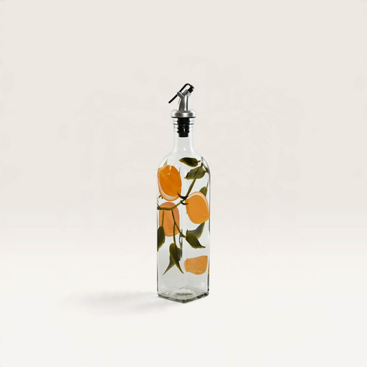 Vintage Industrial Palermo glass oil and vinegar dispenser with a hand-painted lemon design and stainless steel spout