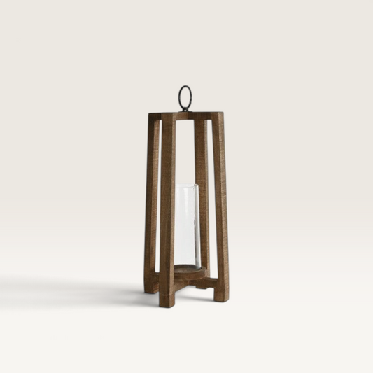 Portavela Catur de Vintage Industrial en madera de mango natural y cristal con diseño artesanal de estilo vintage