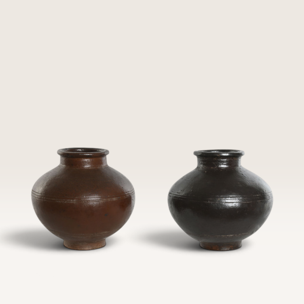 Vintage Industrial Sole glazed ceramic vessels in brown and dark charcoal, large rustic decorative pots for interiors.