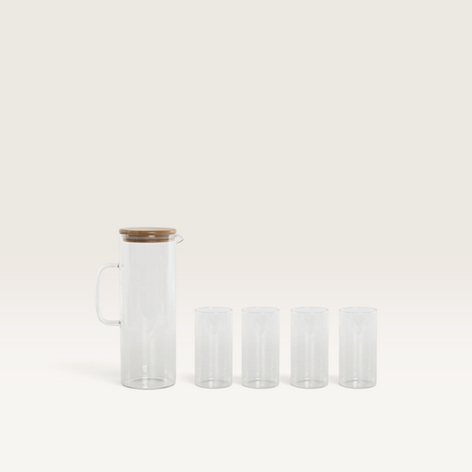 Set de jarra y cuatro vasos de borosilicato Vintage Industrial con tapa de madera, diseño transparente y elegante.