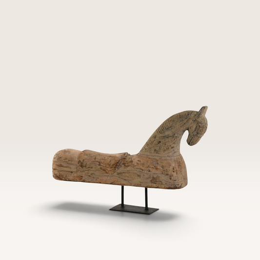 Vintage Industrial Paddaya hand-carved wooden horse sculpture on a black metal stand with rustic antique finish