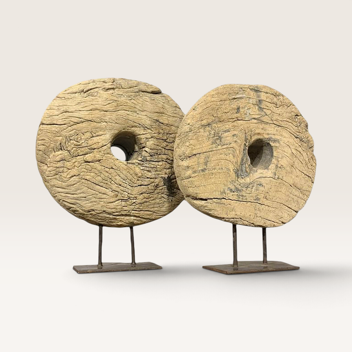 Vintage Industrial Nerac sculpture featuring two weathered wooden discs on rustic iron stands for home decor.