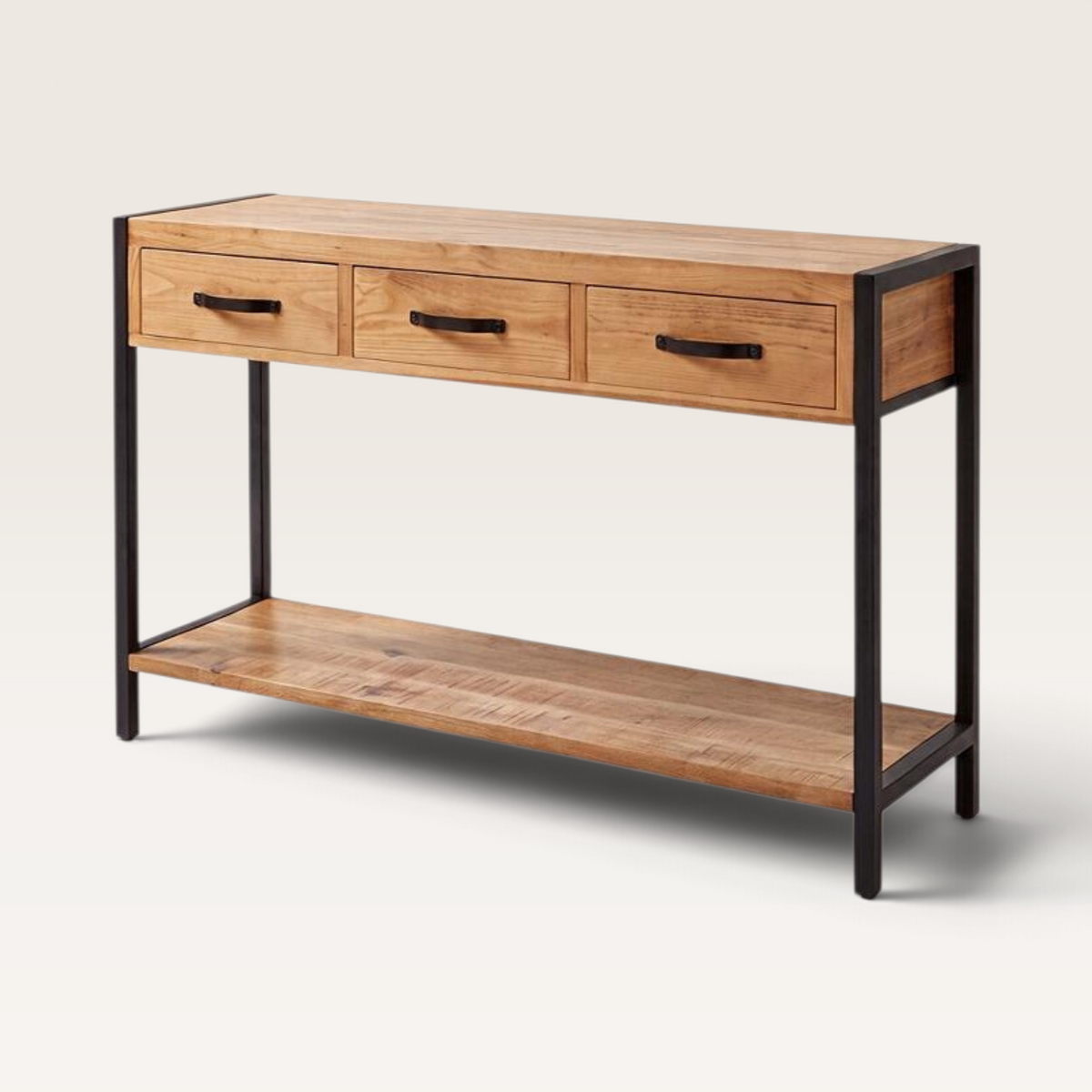 Vintage Industrial Runque entryway console table in sand-finished solid pine wood with a black iron frame and 3 drawers