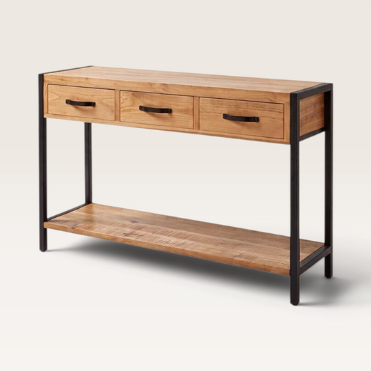 Vintage Industrial Runque entryway console table in sand-finished solid pine wood with a black iron frame and 3 drawers