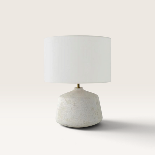 Vintage Industrial Medan table lamp with a matte white ceramic base and an off-white linen drum shade