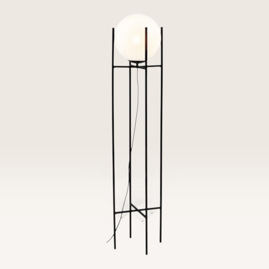 Vintage Industrial Houston floor lamp with a black metal frame and a spherical glass shade for modern living rooms.