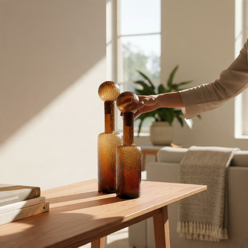Vintage Industrial Agra amber glass vases with textured finish and spherical stoppers on a wooden table