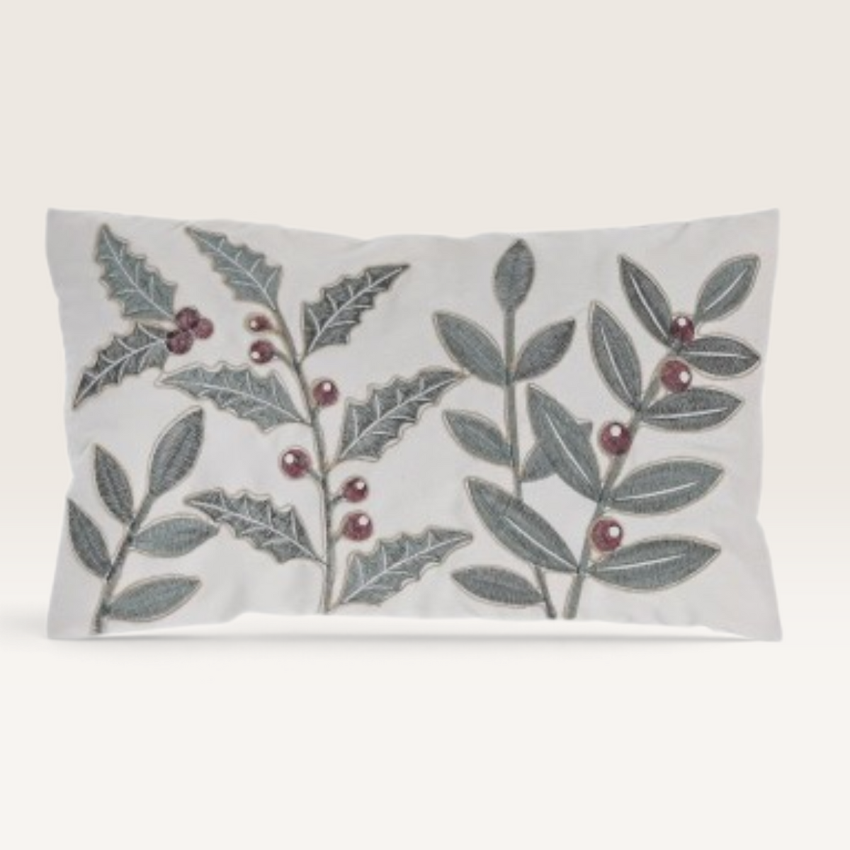 Vintage Industrial Ambon cushion covers in white and burgundy polyester with embroidered holly and berry patterns.