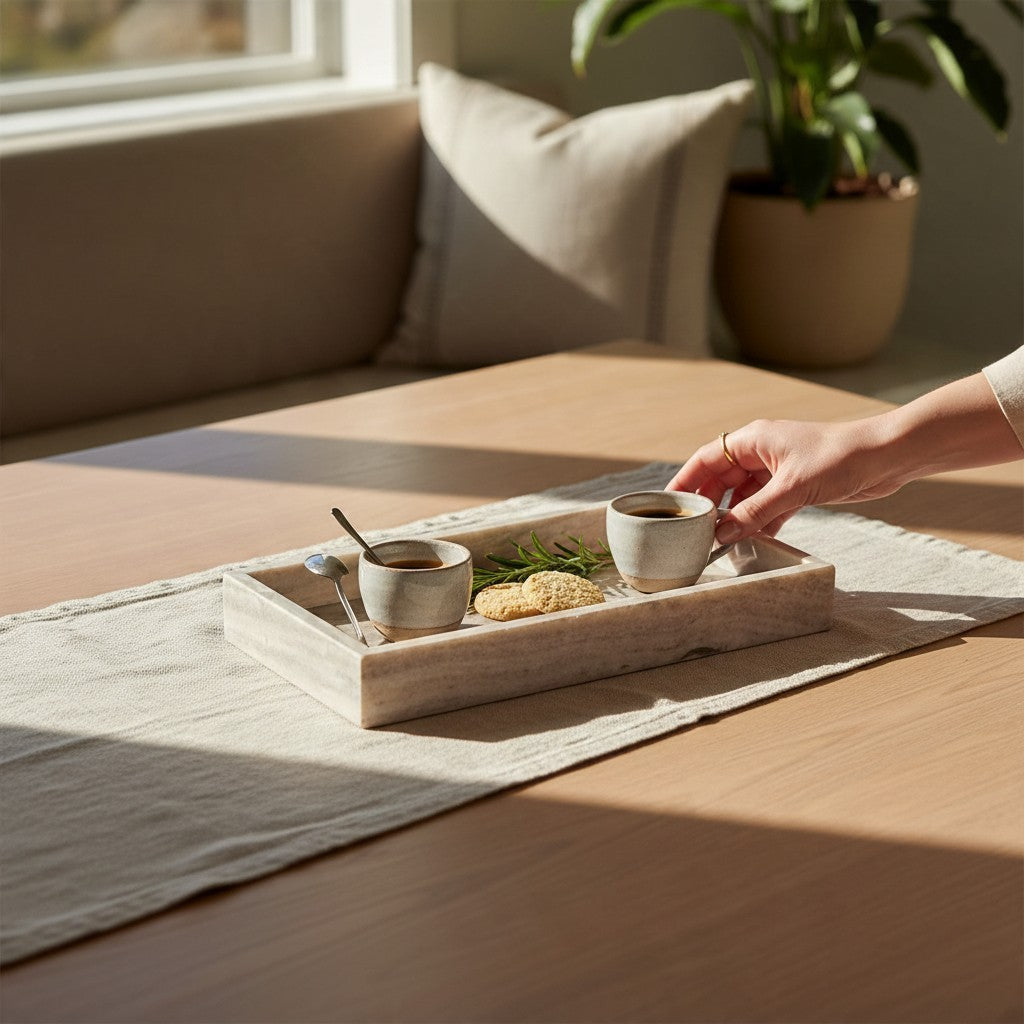Bandeja de mármol beige Vintage Industrial con diseño minimalista sobre mesa de madera con tazas de café