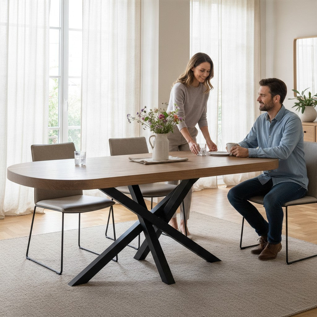 Vintage Industrial Batac dining table with honey-finished solid pine top and black metal cross-leg base in a bright room
