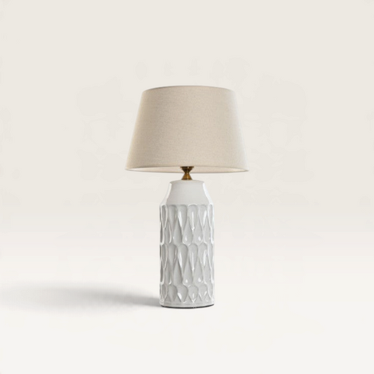 Vintage Industrial Betung table lamp with a white textured porcelain base and a beige cotton fabric shade.