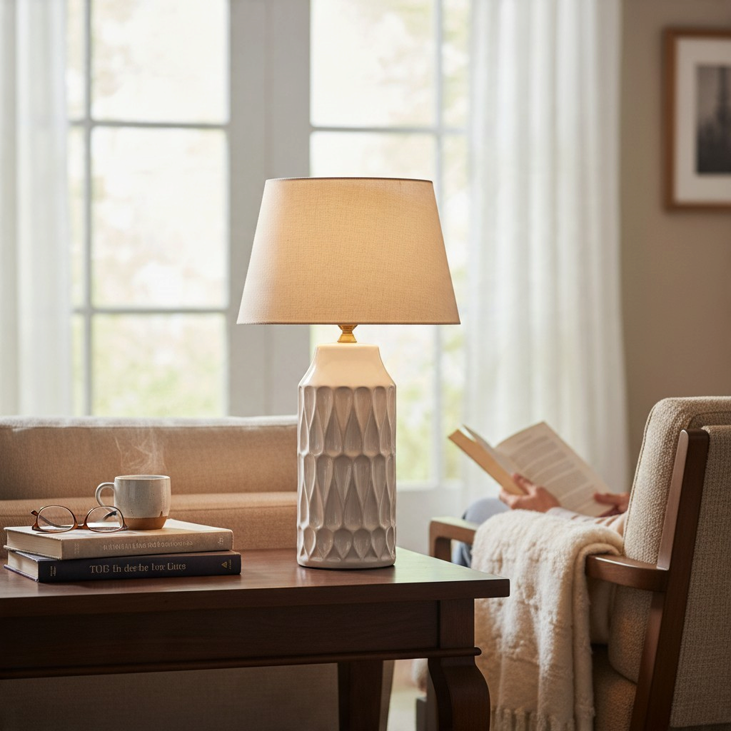 Vintage Industrial Betung table lamp with a white textured porcelain base and beige cotton shade on a wooden table.