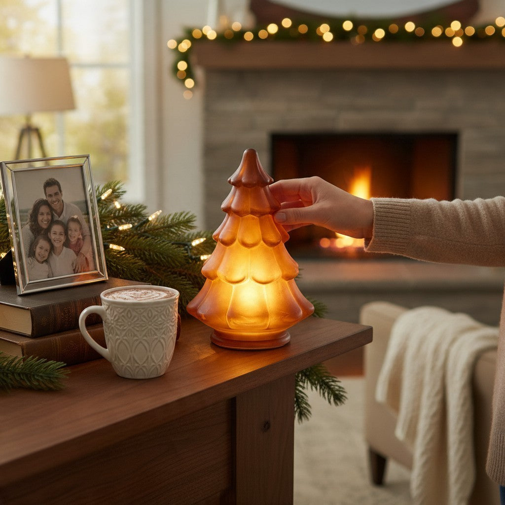 Vintage Industrial brown LED decorative tree lamp on a wooden table with a cozy fireplace background.