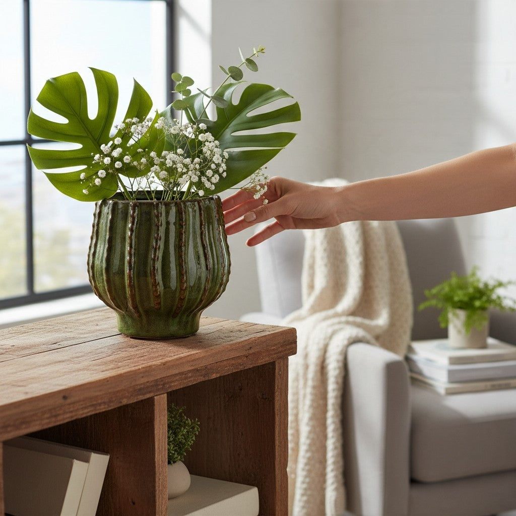 Vintage Industrial Cathy green ceramic vase with a ribbed texture, holding fresh monstera leaves and baby's breath.