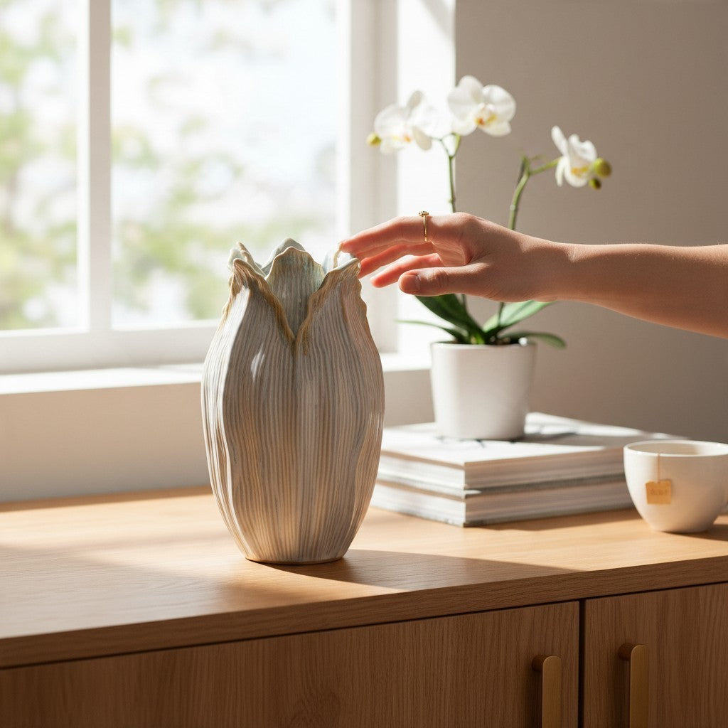 Vintage Industrial cream ceramic vase with leaf-inspired texture on a wooden table next to an orchid and a teacup.