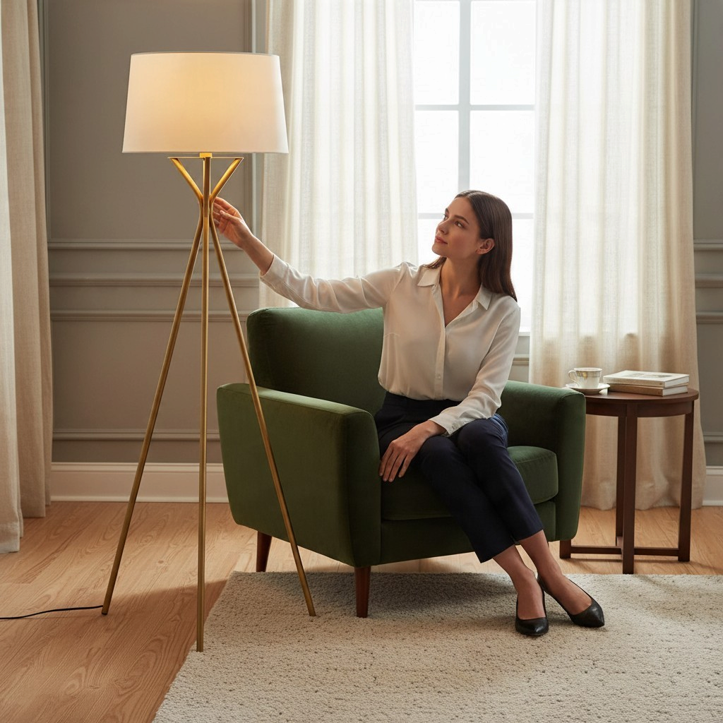 Vintage Industrial Diane floor lamp with a gold tripod base and white drum shade next to a woman in a green armchair