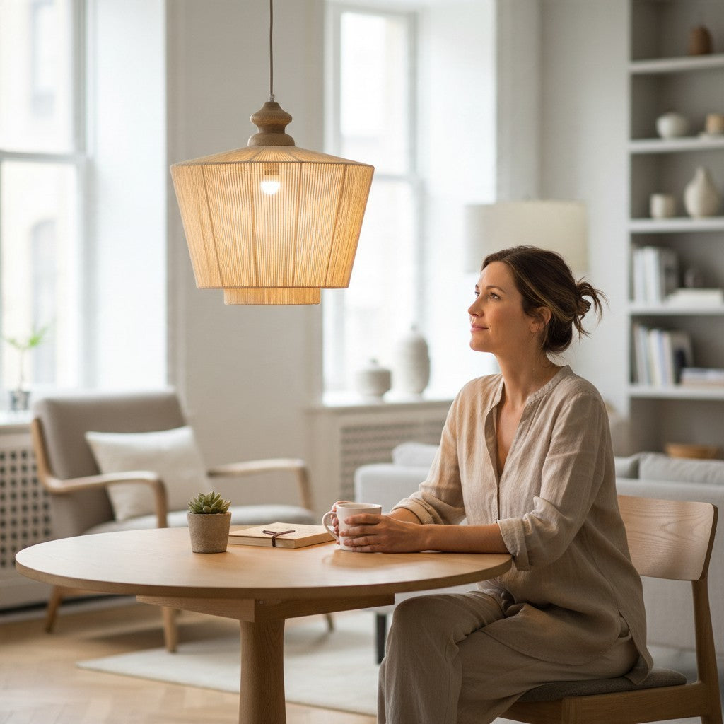 Vintage Industrial Elai ceiling lamp with cotton and natural wood shade hanging over a woman at a wooden dining table.