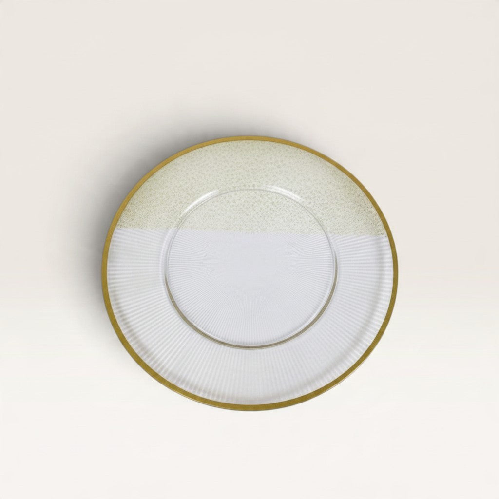Vintage Industrial Ende clear polypropylene charger plate with a gold rim and textured base, top-down view.