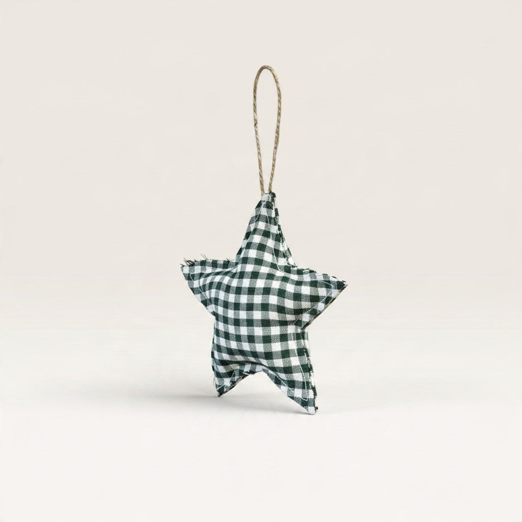 Vintage Industrial star ornament in green and white gingham fabric with a rustic hanging loop for holiday decor.