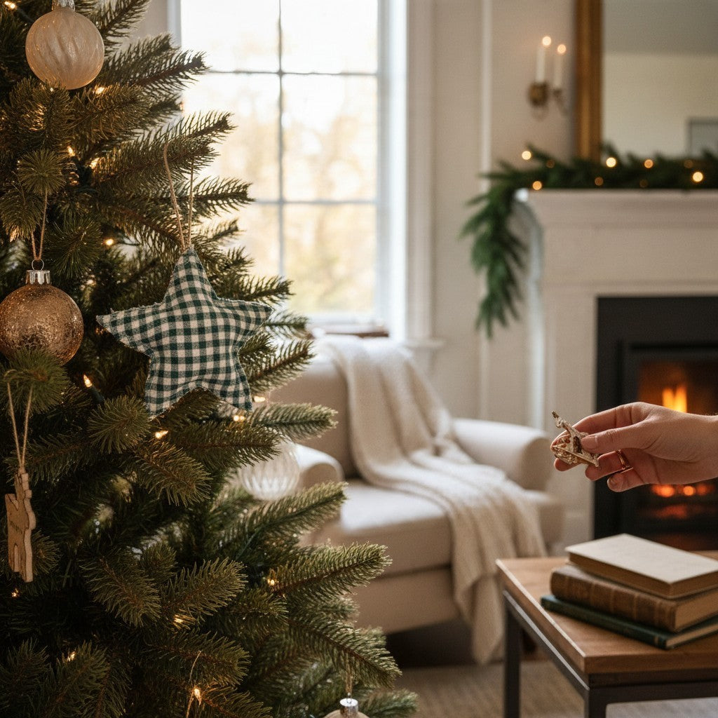 Vintage Industrial green and white gingham star ornament hanging on a Christmas tree in a cozy living room.