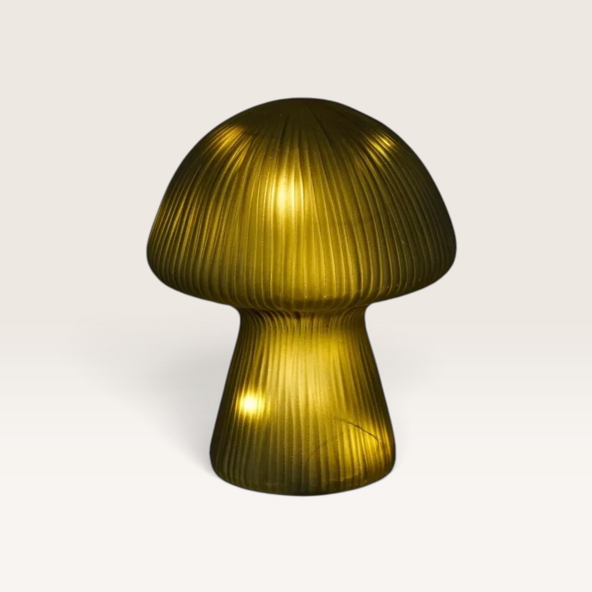 Vintage Industrial mushroom-shaped glass lamps in green and yellow with internal LED lights for cozy home decor.
