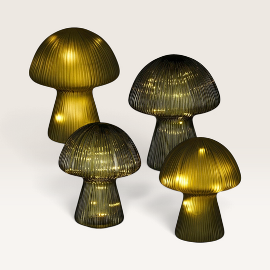 Vintage Industrial green glass mushroom lamps with internal LED lights in two different sizes for home decor