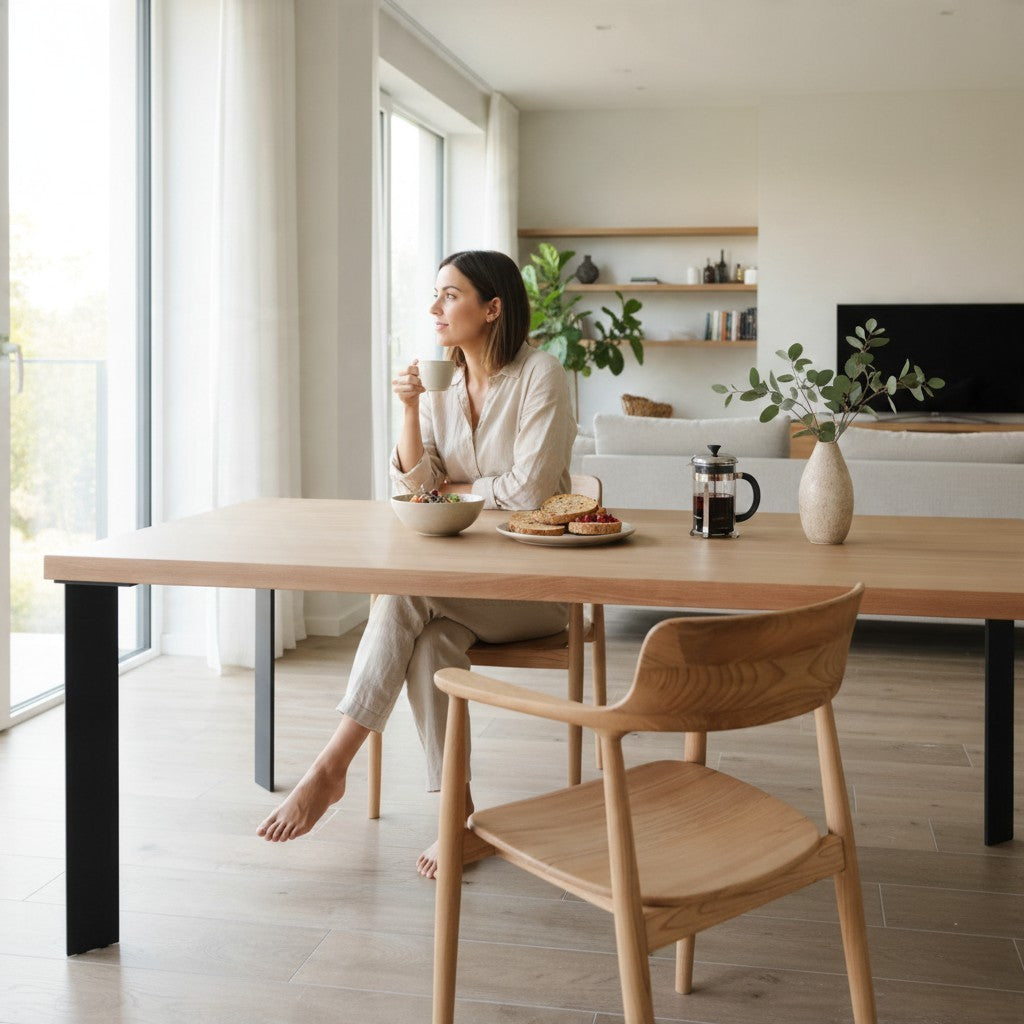 Woman sitting at a Vintage Industrial Kalumi dining table with a solid pine wood top and black iron legs
